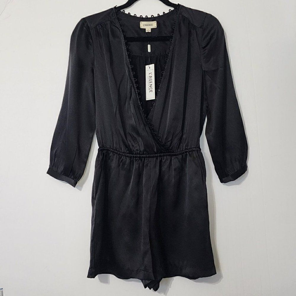 L’Agence - Size 2 - Women’s Loop Trim Short Romper Satin Silk Long Sleeve